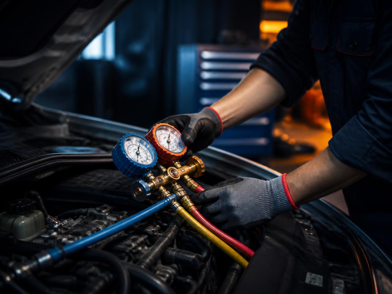 Technician connecting AC service gauges to a vehicle