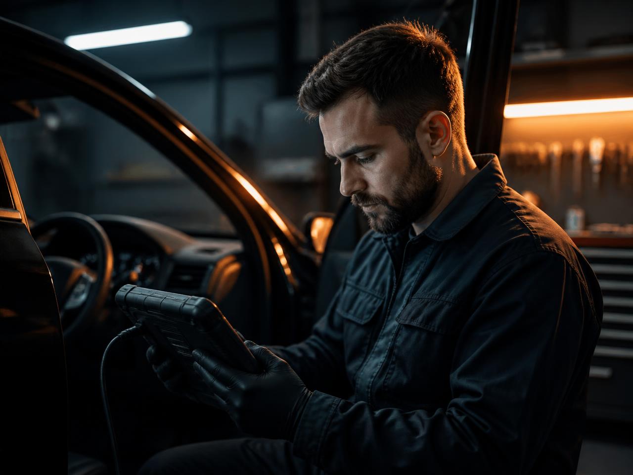Technician reading vehicle data on a diagnostic scan tool