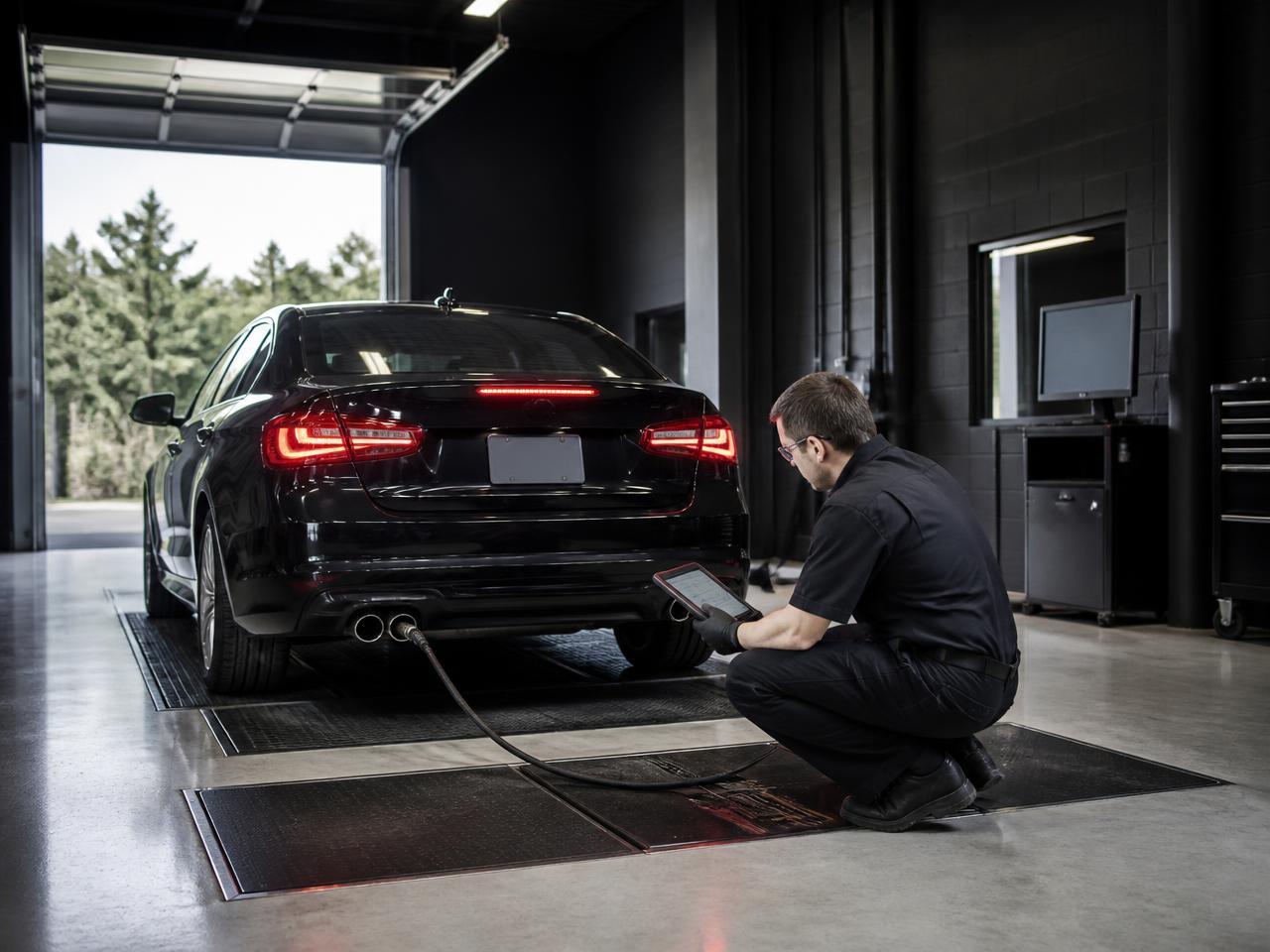 Vehicle in the emissions inspection bay at Dynamic Autoworks