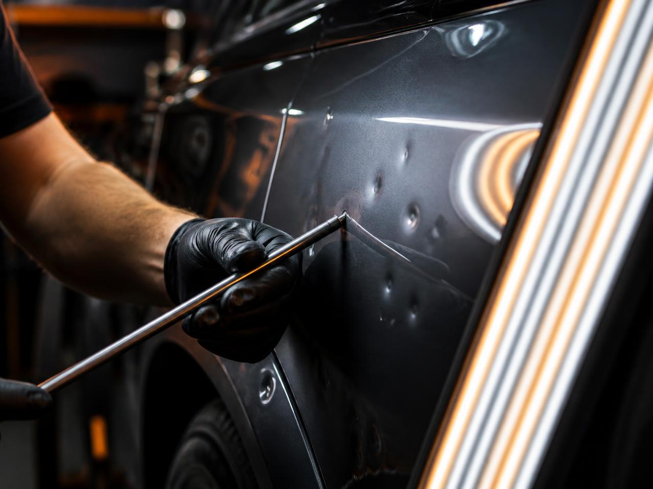 Close-up of paintless dent repair removing hail dents from a dark car panel